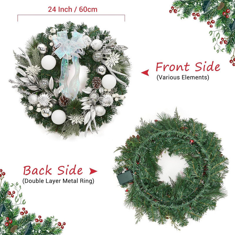 Couronne de Noël pré-éclairée 24 pouces avec lumières DEL, pommes de pin et boules argentées pour porte d'entrée