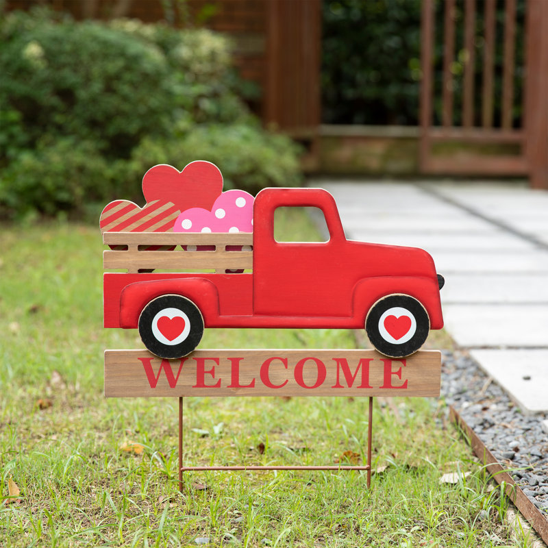 Red Metal and Wooden Valentine's Truck Yard Stake with Hearts