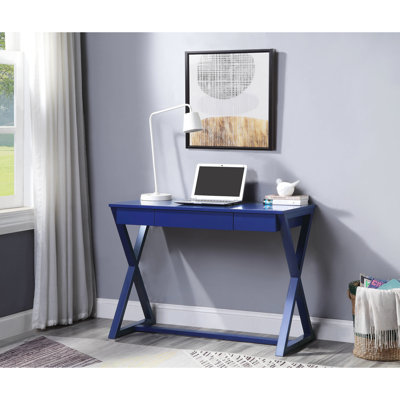 Blue Writing Table With Spacious Top And X-shaped Wooden Construction Desk Expansive Work Surface Base