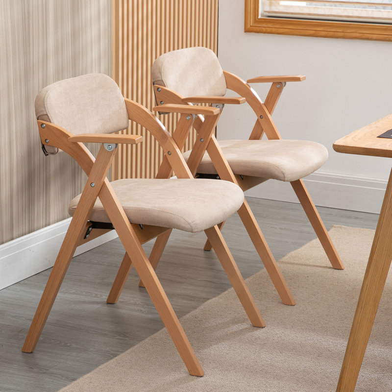 Chaises pliantes avec accoudoirs, ensemble de 2 chaises de salle à manger pliables empilables en bois avec sièges rembourrés, kaki