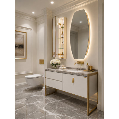 Bisoni White Matte Modern vanity with brushed gold metal framed completed set with mirror and cabinet 55"