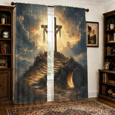2 pièces Croix en bois avec draperie sur le sommet d'une colline, ciel dramatique, entrée d'une tombe vide, scène religieuse, art spirituel, décoration intérieure