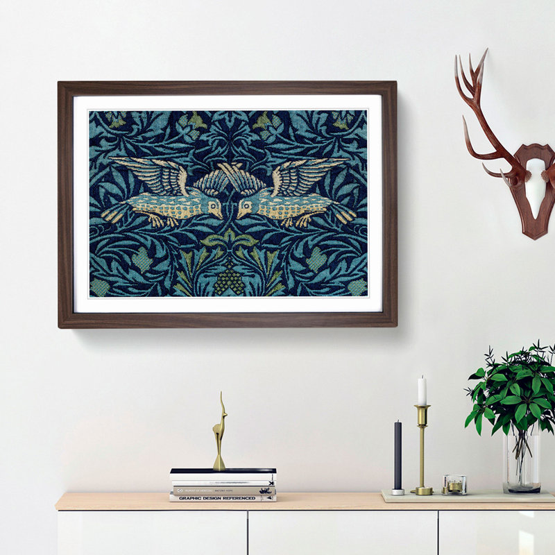 Birds & Flowers Pattern by William Morris - Picture Frame Painting Print on MDF, 48cm H x 65cm W x 2cm D, Walnut Framed