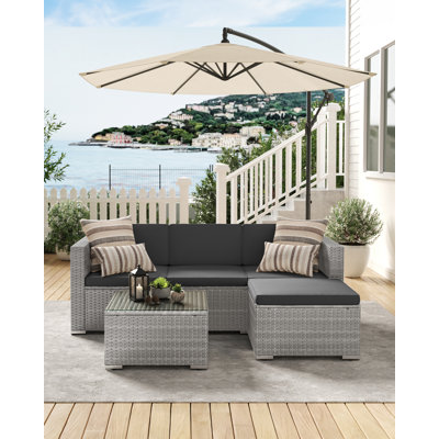 Garden Furniture Set, PE Rattan Patio Furniture Set, Outdoor Corner Sofa Couch, Handwoven Rattan Patio Conversation Set, With Cushions And Glass Table