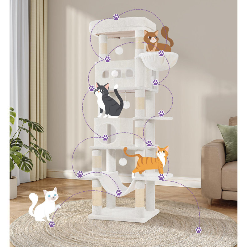 Arbre à chat 70 po pour chats d'intérieur, poteau à griffer multicouche avec grande plateforme, 2 grottes, 7 poteaux en sisal, pompons, panier à chat, hamac, convient aux chats