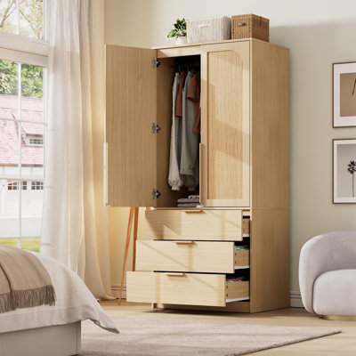 70" Modern Wooden Wardrobe Armoire Closet with 2 Doors & 3 Drawers, Bedroom Storage Cabinet with Hanging Rod, Large Capacity Clothing Organizer