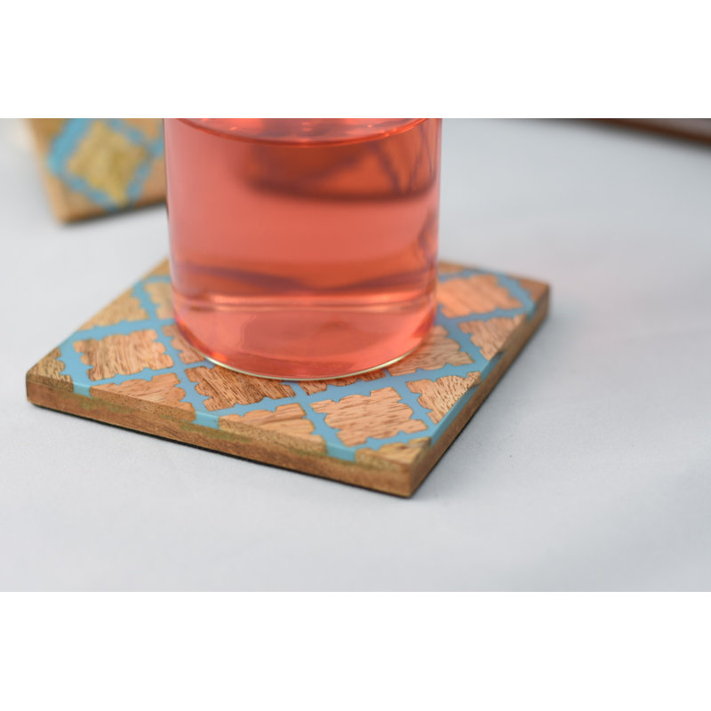 Wood 6 Piece Coaster Set With Holder, Geometric, Blue