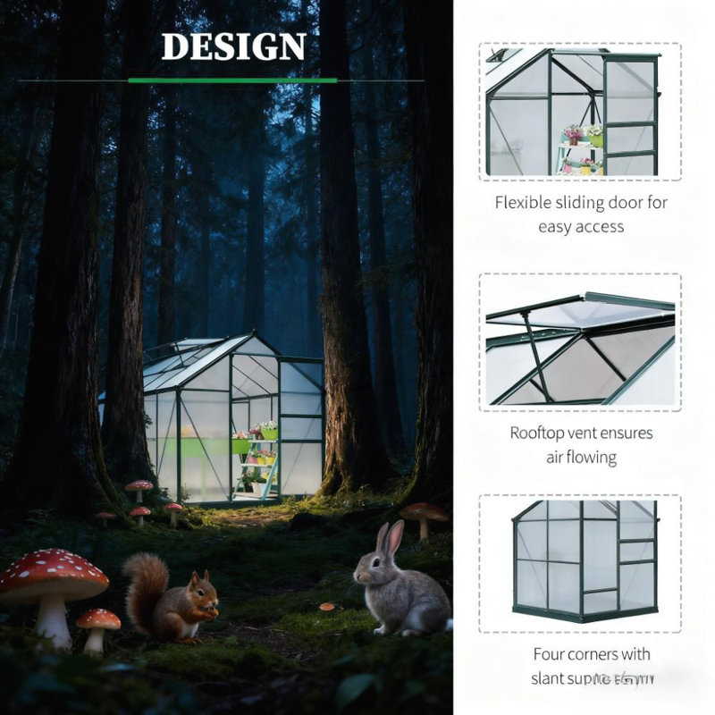 Durable 6' X 8' Outdoor Greenhouse With Rain Gutter, Roof Vent, And Polycarbonate Panels For Year-Round Gardening