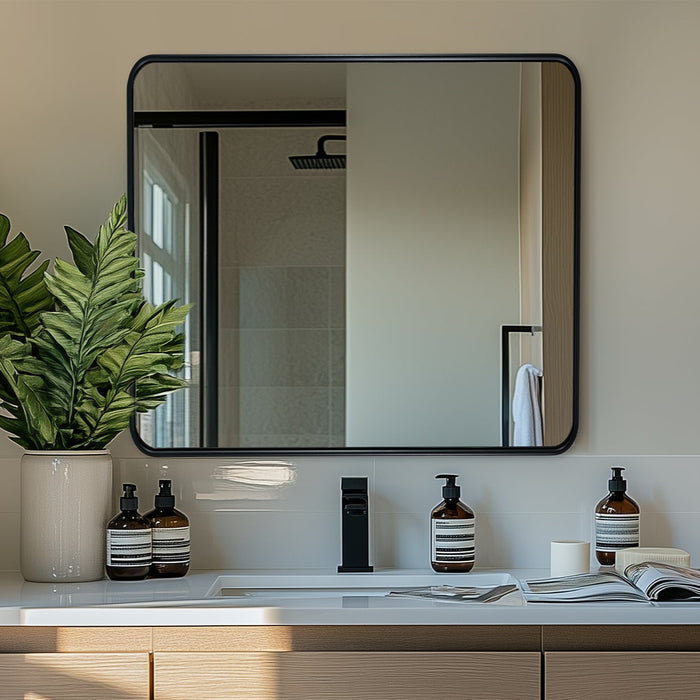 Miroir de salle de bain rectangulaire contemporain arrondi | Structure en U en aluminium, 40 po x 36 po, Noir mat