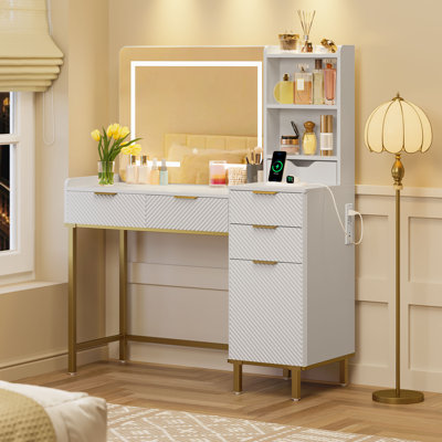 45.3’’L Modern Style Vanity Desk With Mirror, LED Lights And Power Outlet, Bedroom Makeup Vanity Table With Storage Cabinet And 4 Drawers