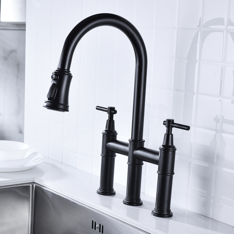 Matte Black Pull-Down Kitchen Faucet - Dual Handles For Precise Temperature And Flow Regulation 360-Degree Rotating High Nozzle Enlarged Cleaning Reach Brass Made Durability Bridge Effortless Handle