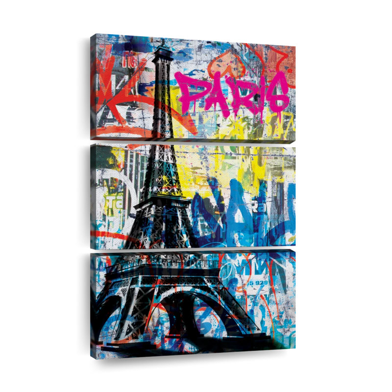 Ensemble de 3 pièces grunge Tour Eiffel sur toile, H 45 po x l 28 po x P 1,25 po