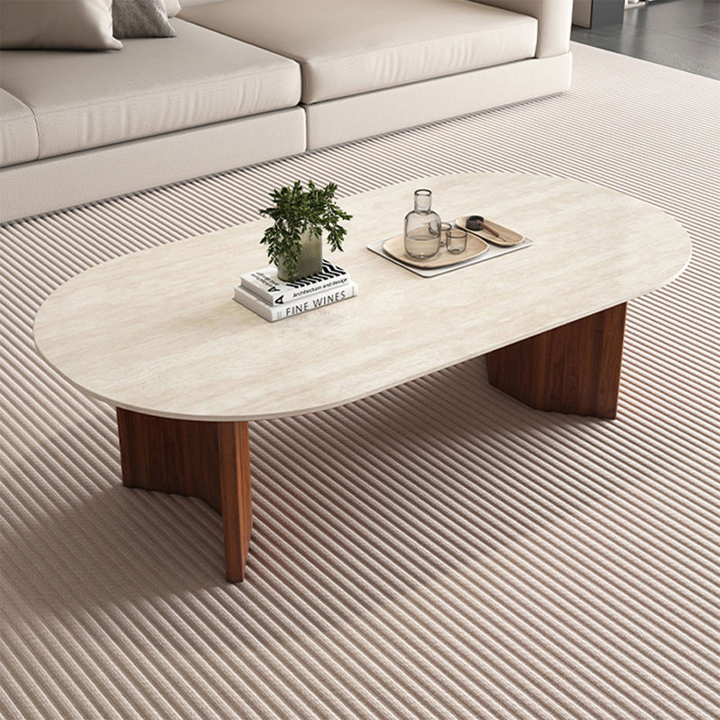 Table basse en pierre blanche avec pierre ovale, Noyer, H 15,75 po x L 47,24 po x l 23,62 po