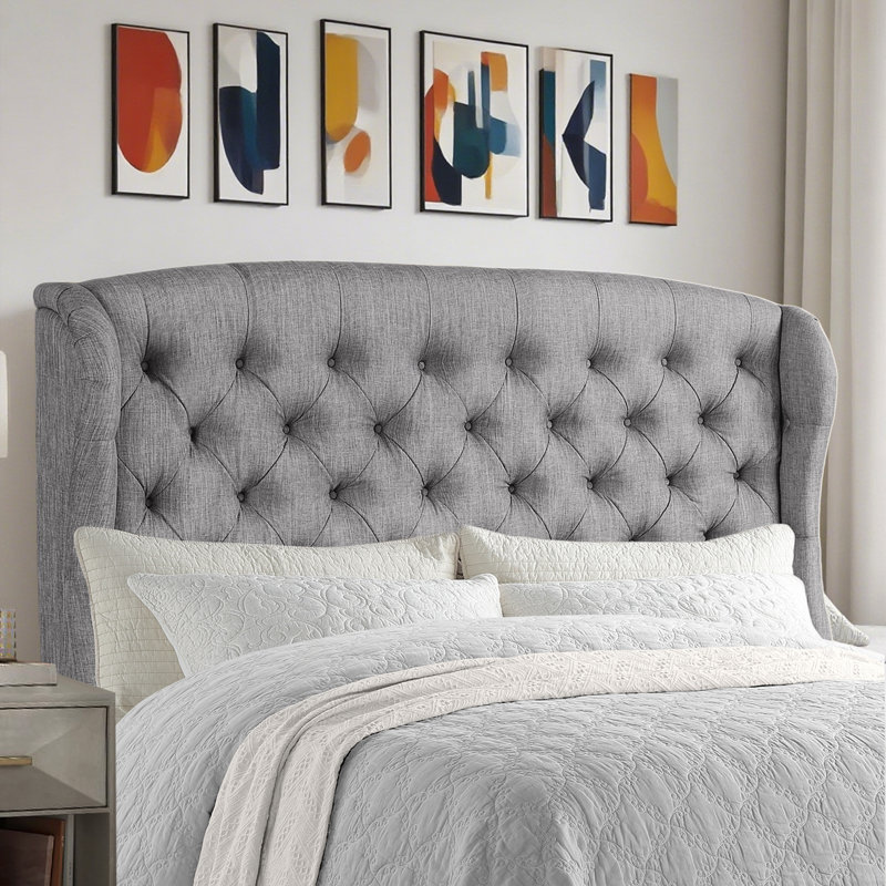 Luxury Linen Upholstered Wingback Headboard – Modern - Adjustable Height - Button Tufting, Gray, King