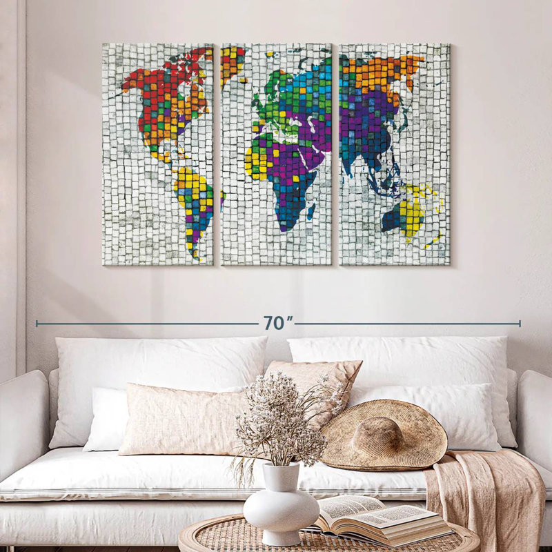 Carte du monde en mosaïque de pierre Aliaz, H 32 po x l 50 po