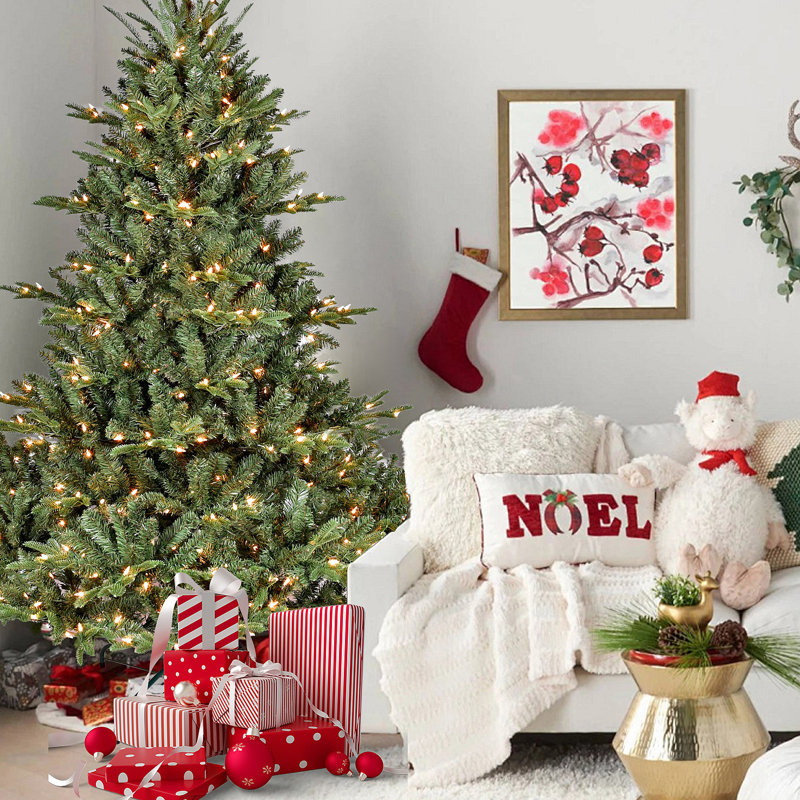 Arbre de Noël 6 pi pleine forme avec 500 lumières UL - branches mixtes PE / PVC, 1763 pointes, base large pour les espaces spacieux, structure à charnières, support en métal stable
