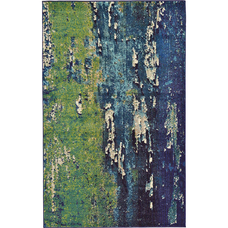 Tapis bleu marine à motif géométrique shirey, Rectangle 5 pi x 8 pi