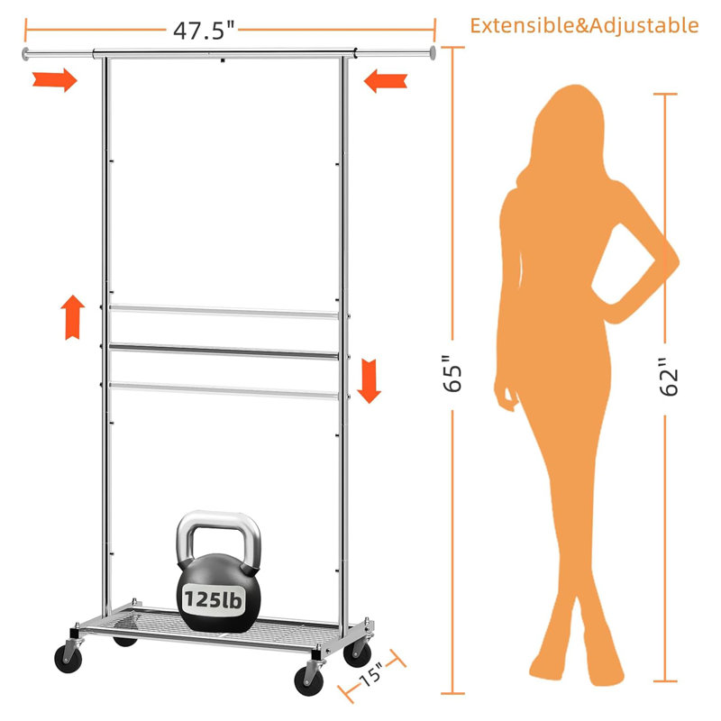 Organisateur de vêtements à roulettes avec roulettes et tablettes inférieures