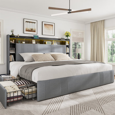 Upholstered Bed Frame With Headboard And Led Lights, Storage Bed With 4  Drawers And Open Shelves, Led Bed With Charging Station