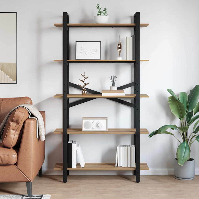 100cm W Steel Etagere Bookcase, (5 Shelves) 178cm. H x 100cm. W x 33.5cm. D, Artisan Oak