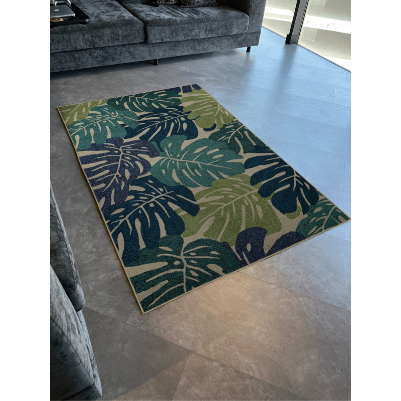 Tapis décoratif moderne bleu et vert à motif de fleurs et de feuilles, Rectangle 3 pi 9,81 po x 4 pi 11,06 po