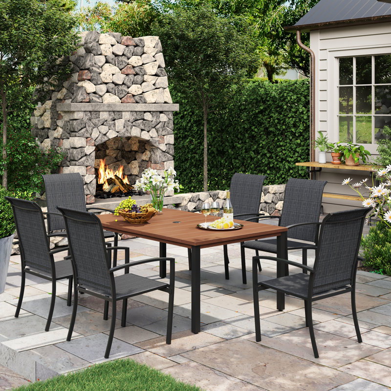 6-Person Outdoor Patio Dining Set With Stackable Armchairs, Black/Walnut