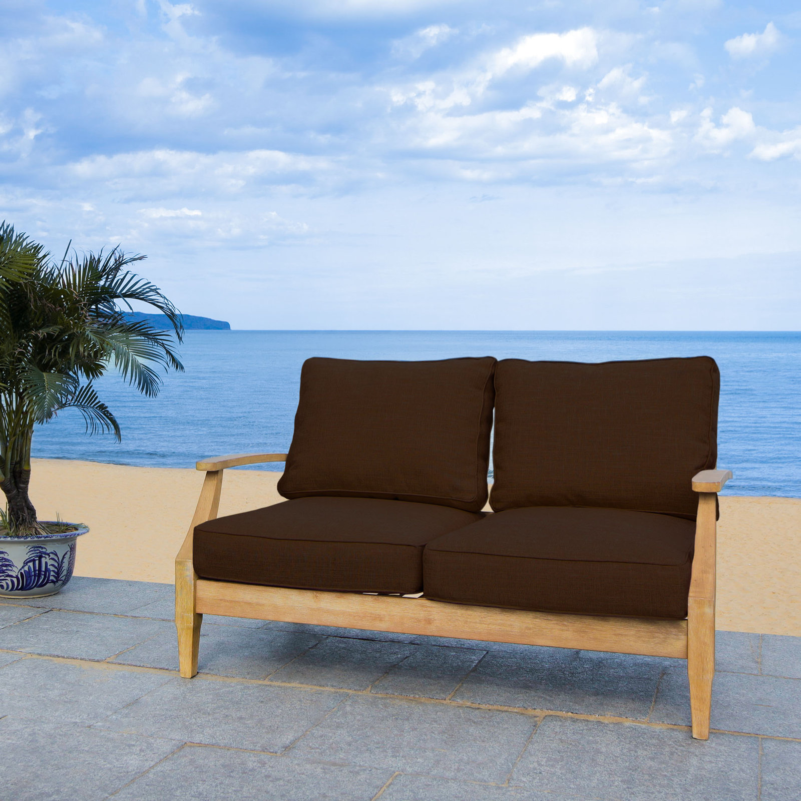 Samya Outdoor Loveseat with Cushions, Natural/Dark Brown