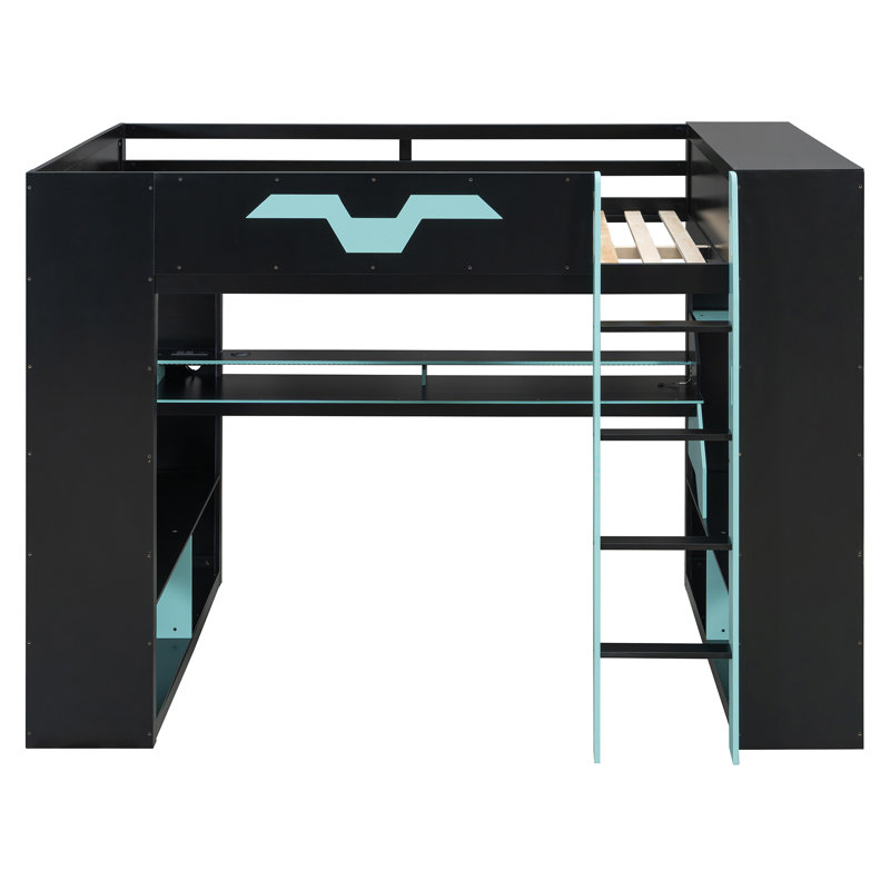 Full Size Wood Loft Bed with Power Outlet, USB/Type-C Ports, Cable Management & RGB Light, Kids Study & Sleep Bunk, Blue
