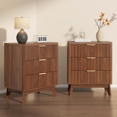 Walnut Nightstand Set of 2  With 3 Drawers, Fluted Wood Bed Side Table for Bedroom, 23.6"W X 15.8"D X 28.1"H