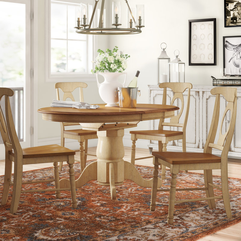 Orviston Extendable Solid Wood Solid Wood Top Pedestal Dining Set, Almond/Wheat