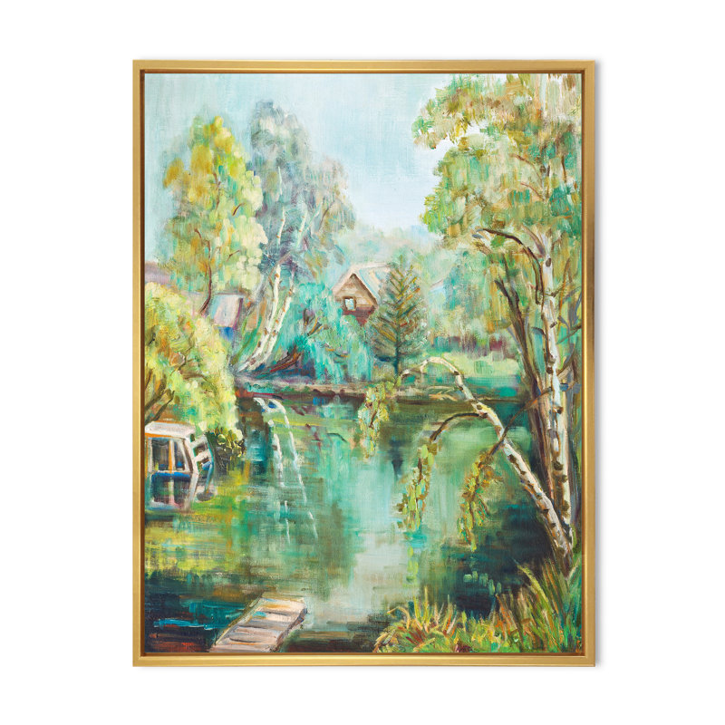 Étang vert en été - Peinture sur toile, H 20 po x l 12 po, Toile à cadre flottant doré