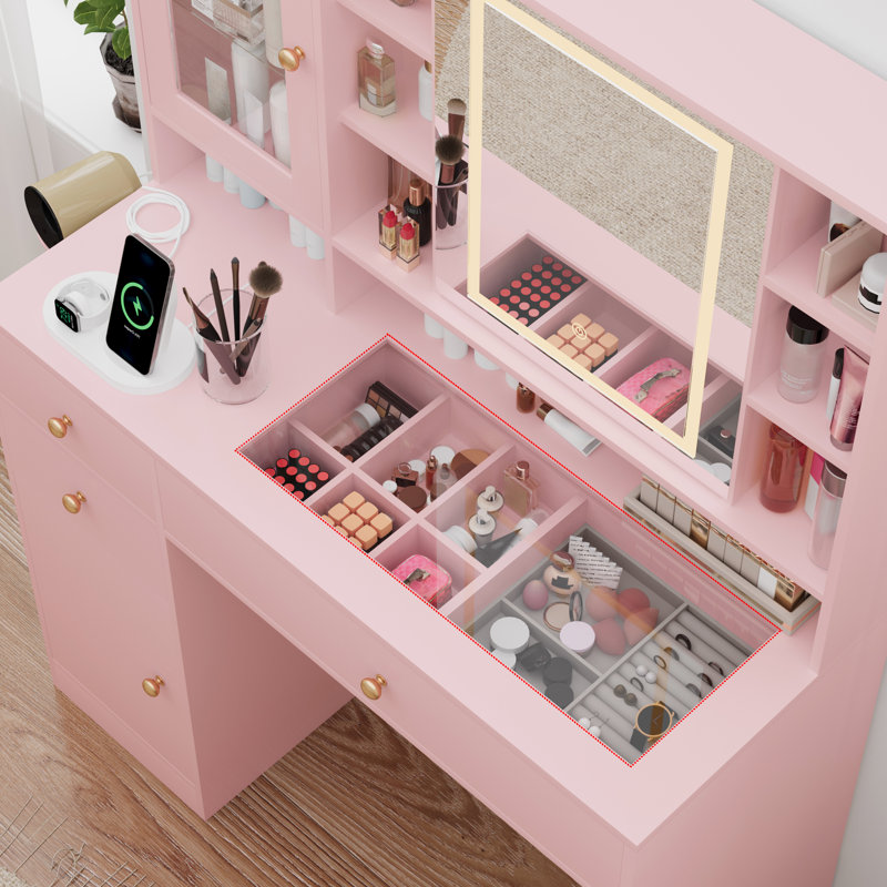Bureau de coiffeuse avec miroir et lumière, Rose