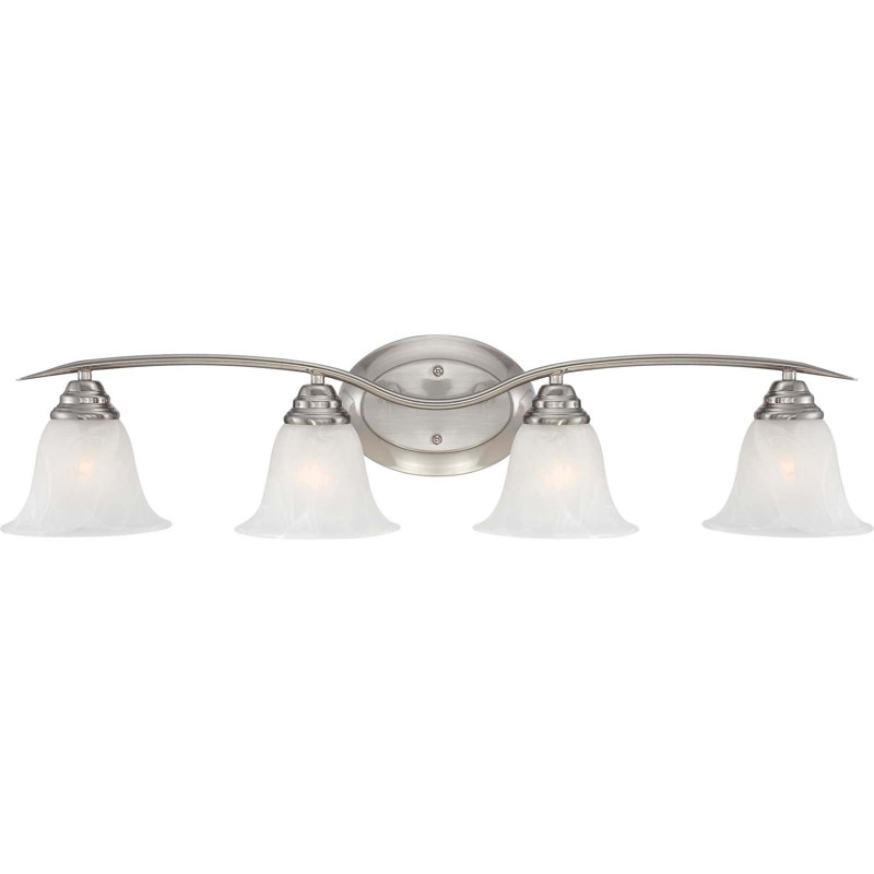 Trinidad 4-Light Indoor Brushed Nickel Bath or Vanity Wall Mount with Alabaster Glass Bell Shades, Brushed Nickel