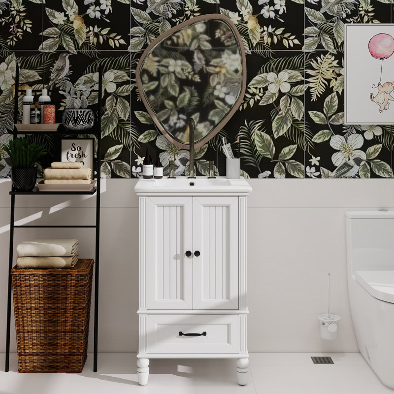 Meuble-lavabo de 20 po avec lavabo, armoire de salle de bain avec deux portes, butoir de porte magnétique et patins réglables, tiroir blanc
