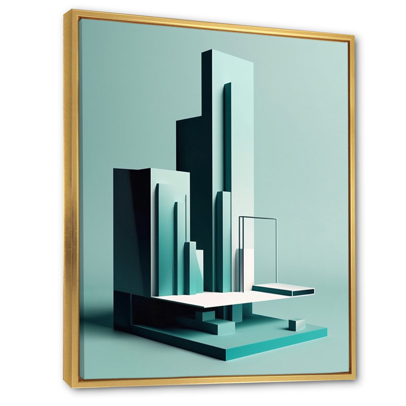 «Abstract Minimal Turquoise Architecture» sur toile, Cadre flottant doré, H 40 po x l 30 po x P 1,5 po