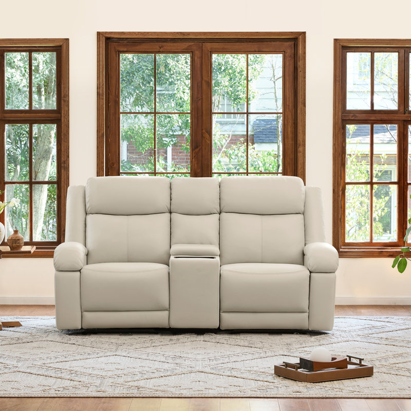 Canapé inclinable électrique en cuir véritable Zachery avec console multifonctionnelle, 2, Crème, crème