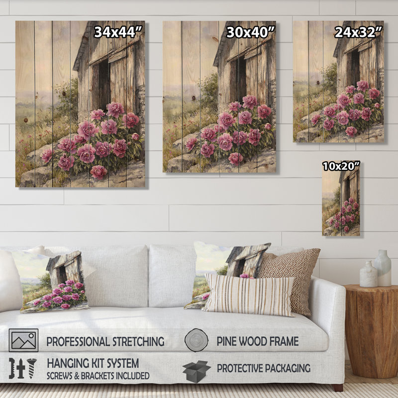 Lavande pivoines par la grange vieillie III - décoration murale en bois pivoines - sur bois de pin naturel
