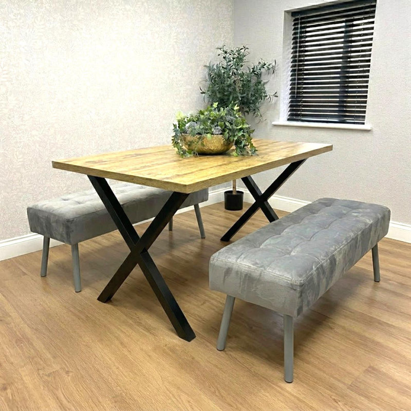 Wooden Brown Dining Table with 2 Velvet Padded Benches, Stylish Dining Room Furniture, Gray
