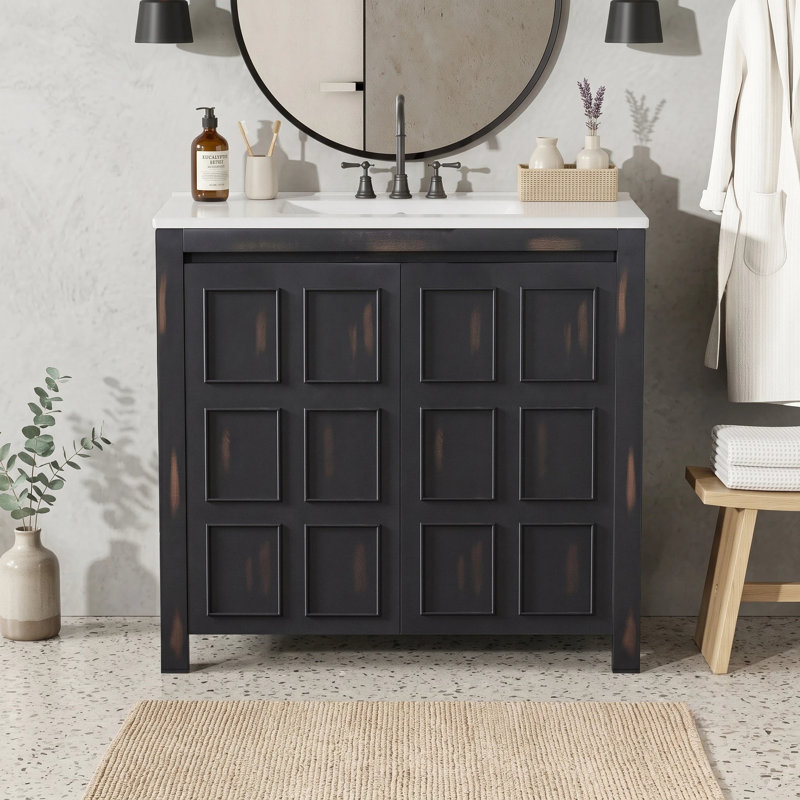 Meuble-lavabo en bois massif rétro avec plateau en céramique blanche, Espresso