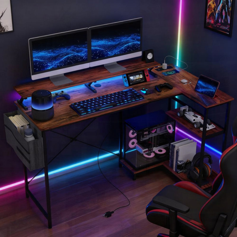 Computer Desk Reversible L Shaped Corner Desk With Monitor Stand Power Outlets LED Lights
