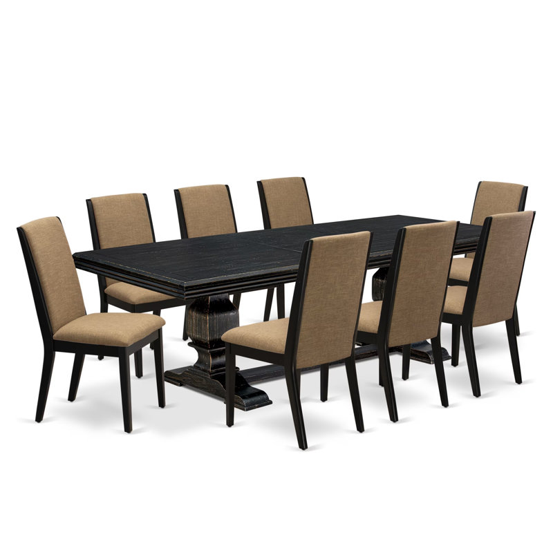 L'ensemble de salle à manger 9 pièces se compose d'une table de cuisine rectangulaire et de 8 chaises de salle à manger en tissu de lin sable clair avec pieds noirs - Finition sable