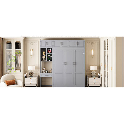 Lit mural grand lit avec armoire supérieure et tablettes latérales, de couleur grise, une option peu encombrante pour les petits appartements, rangement pour le support de matelas, avec double piston pliant en métal lisse