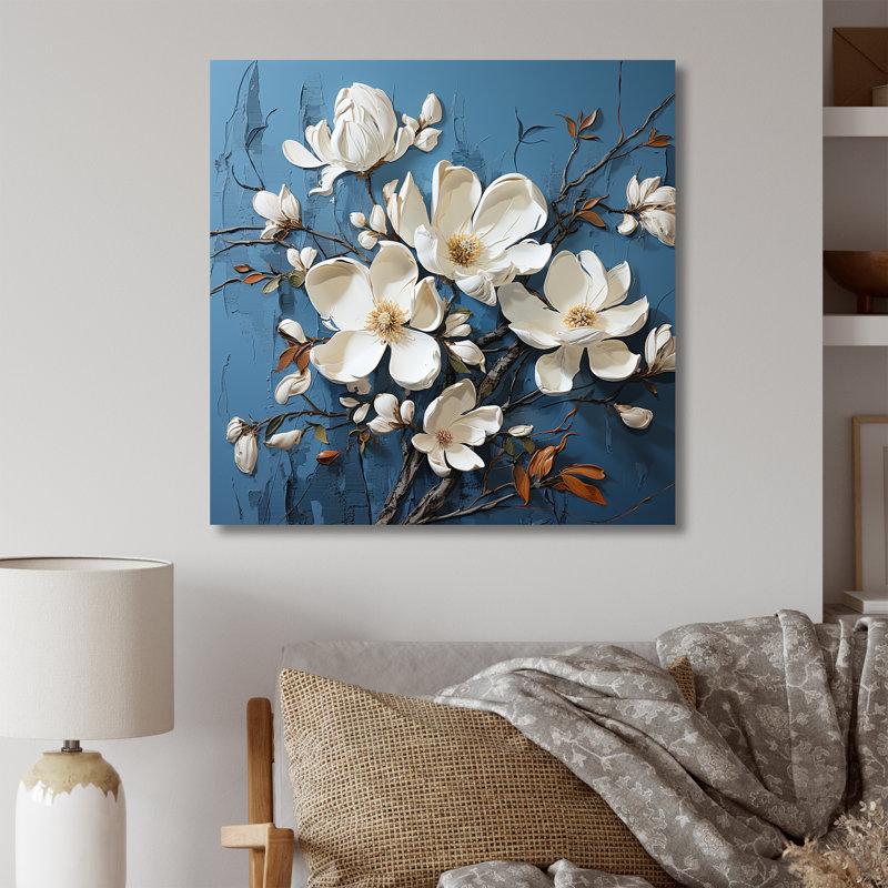 «Blue and White Magnolia Blooming Elegant I», reproduction sur toile, Toile tendue, H 36 po x l 36 po x P 1,5 po