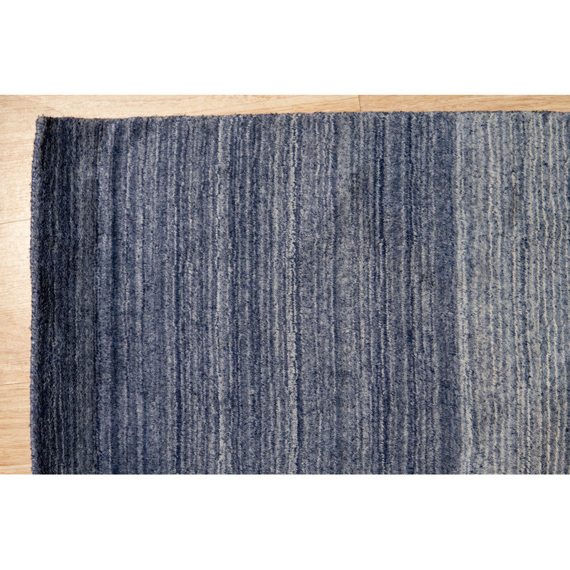 8x10 Blue Hand-Knotted Wool Subtle Ombre Stripes Modernist Contemporary Carpet Rug