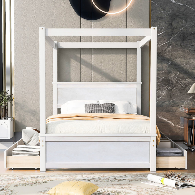 Lit à baldaquin en bois massif - Fabrication de qualité pour un usage à long terme avec rangement blanc brossé pour maximiser l'espace et le style