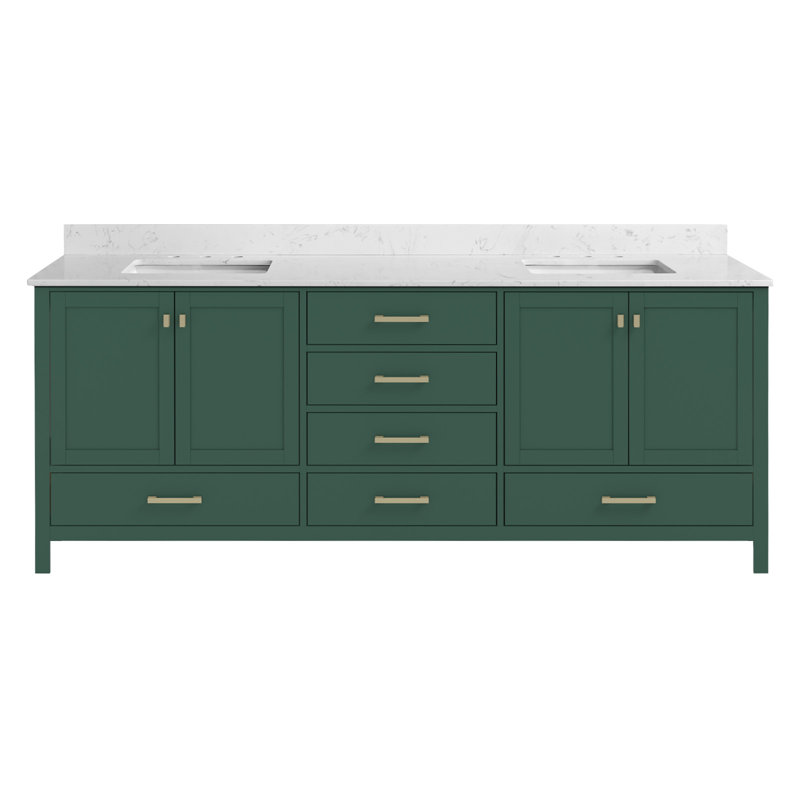 Meuble-lavabo de 84 po en bois massif vert avec double vasque et armoire de rangement