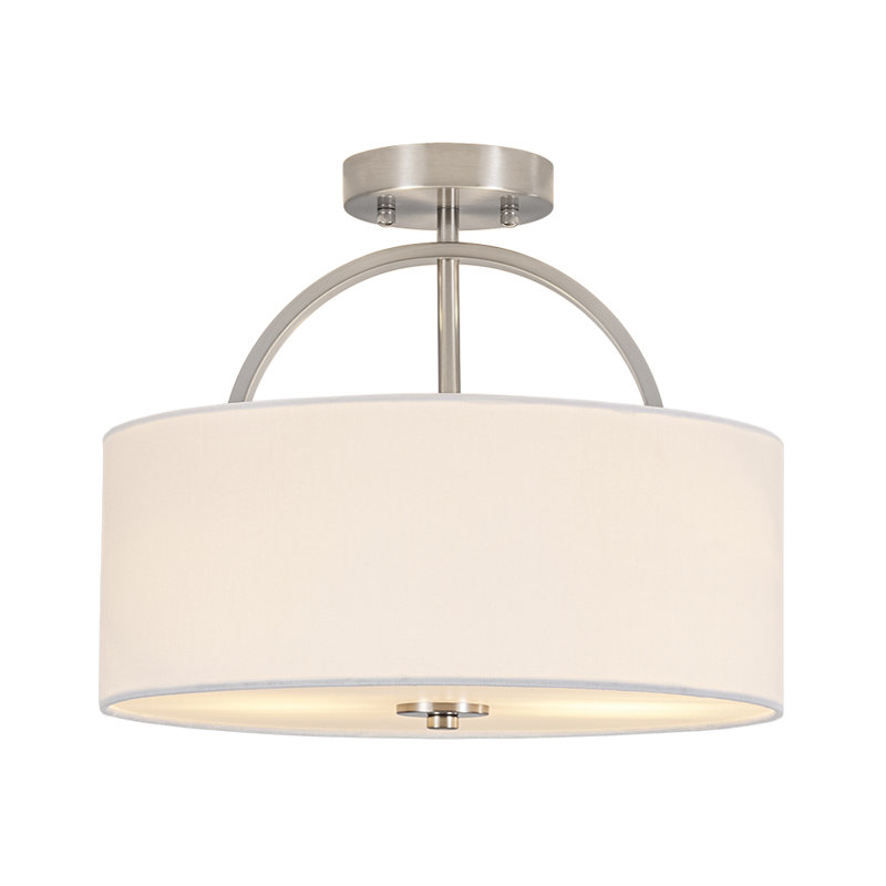 Transitional 2-Light Fabric Drum Shade Semi Flush Ceiling Light , Nickel
