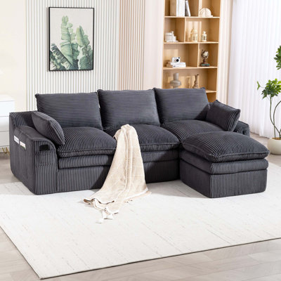 Canapé modulaire en forme de L, canapé modulaire en velours côtelé rembourré avec repose-pieds mobile, 3 coussins et 2 coussins lombaires, coussins de siège amovibles