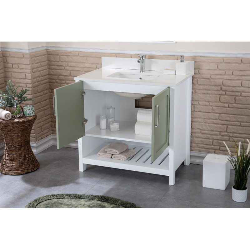 Ensemble de meuble-lavabo simple 35,4 po avec miroir Cerelly, Vert/blanc
