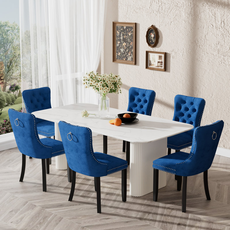 Ensemble de table de salle à manger Elegant Marble, Bleu, 7